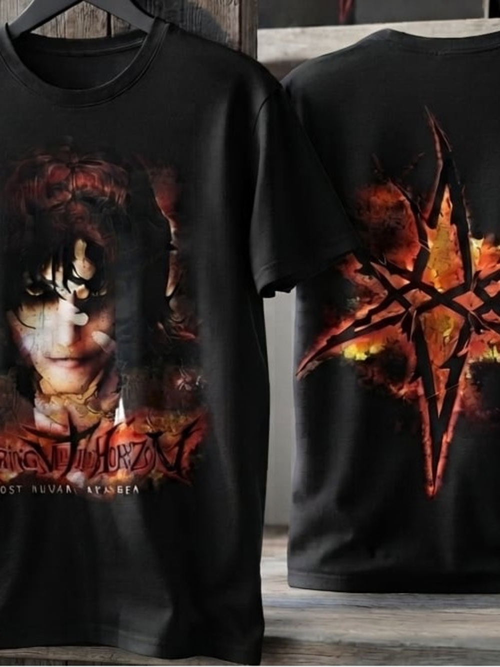 Bring me the horizon Black Short Sleeve Graphic Band Tee with Fiery Star Artwork